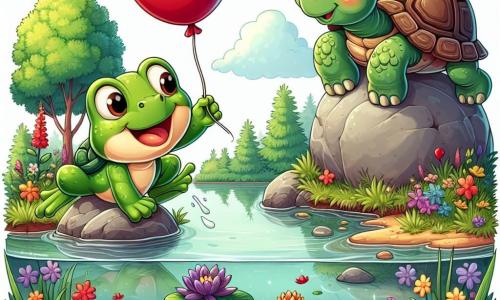 Eine kleine grüne Frosch namens Felix, mit großen runden Augen und einem fröhlichen Lächeln, springt begeistert am Rand eines Teiches und hält einen glänzenden roten Ballon in seinen Füßen. Neben ihm sitzt eine weise alte Schildkröte mit einem rauen Panzer und runden Brillen, die Felix wohlwollend beobachtet und bereit ist, ihm Ratschläge zu geben. Die Umgebung ist ein friedlicher Teich, umgeben von bunten Blumen, schwimmenden Seerosen und grünen Bäumen, die sich im klaren Wasser spiegeln. Felix, ganz fröhlich, hat gerade seinen roten Ballon wiedergefunden, der an der Wasseroberfläche schwimmt, und ist bereit, einzutauchen, um ihn zu holen und wieder zu spielen.