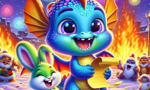 A small blue dragon with shiny scales and bouncy wings, named Fizzy, smiles with sparkling eyes of joy. He is holding a large golden leaf with his New Year's resolutions written on it, surrounded by colorful confetti floating in the air. Next to him, an adorable green rabbit named Jumble, with big fluffy ears and a bright smile, holds a small list in his paws, laughing joyfully. The scene takes place in a snowy field, illuminated by twinkling lanterns of all colors, with animal friends in the background, like round trolls and mischievous foxes, dancing and having fun around a large bonfire. Fizzy and Jumble are celebrating the magic of New Year's together, surrounded by laughter and bright fireworks lighting up the night sky, creating a festive and warm atmosphere.
