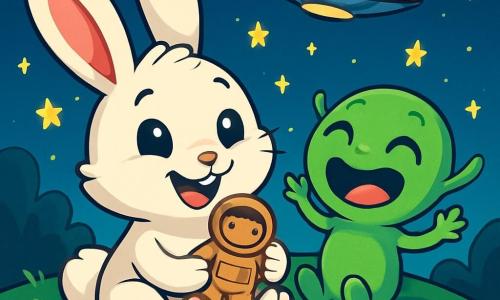 Flappie, een klein konijntje met grote oren en een zachte, witte vacht, ligt in het groene gras met glanzende ogen van verwondering. Hij houdt een klein houten astronautenbeeldje, genaamd Bofje, tegen zijn hart en toont een blije en nieuwsgierige glimlach. Naast hem lacht Giechel, een groene alien met grote, sprankelende ogen, uit volle borst, met zijn kleine handen omhoog in een teken van vreugde. Ze worden omringd door kleine, fonkelende sterren die uit de nachtelijke lucht vallen, wat een magische sfeer creëert. De scène speelt zich af op een zachte heuvel onder een sterrenhemel, waar het gras bezaaid is met kleurrijke bloemen die zwakjes in de nacht glanzen. De hoofdscène toont Flappie en Giechel die een moment van saamhorigheid delen, samen lachen en de mysteries van het heelal ontdekken, terwijl een stralend ruimteschip zachtjes boven hen zweeft.