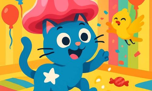 Un gatto blu vivace con una stella bianca sulla schiena, dagli occhi rotondi e curiosi, indossa un grande cappello di gelatina rosa che vibra al vento. Ha un sorriso malizioso e sembra sorpreso, come se avesse appena scoperto un tesoro. Accanto a lui, un piccolo uccello giallo dalle piume brillanti, con un'aria divertita e occhi scherzosi, vola in cerchi attorno al gatto, lanciando coriandoli colorati. Sullo sfondo, una stanza ludica piena di tappeti multicolori, muri a righe di tutte le tonalità dell'arcobaleno e palloncini fluttuanti che cantano gioiosamente. La scena mostra il gatto che, ridendo, cerca di mantenere l'equilibrio su un tappeto trasformato in una grande pozzanghera di limonata frizzante, mentre caramelle danzano intorno a loro, creando un'atmosfera festosa e stravagante.