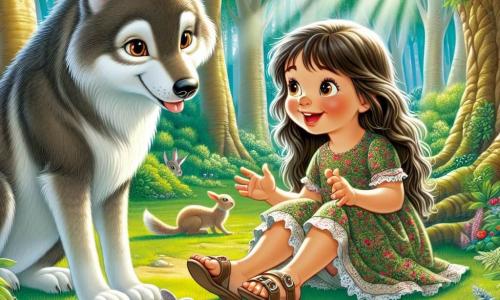 Una bambina di 6 anni, di nome Sofia, con lunghi capelli castani e occhi pieni di curiosità, sorride felice mentre gioca in una radura soleggiata nel bosco. Indossa un vestito colorato a fiori e sandali, accovacciata pronta a accarezzare un coniglietto ai suoi piedi. Accanto a lei, un grande lupo dal pelo grigio e morbido, con occhi caldi ed espressivi, si tiene leggermente in disparte, mostrando un'espressione amichevole e un sorriso timido. È seduto sulle zampe posteriori, osservando Sofia con ammirazione. La scena si svolge in una radura verdeggiante, circondata da alberi maestosi con foglie brillanti, dove i raggi di sole filtrano attraverso il fogliame, creando motivi luminosi sul terreno. Fiori colorati punteggiano il suolo, aggiungendo un tocco di magia all'ambiente. La situazione principale mostra Sofia e il lupo che giocano insieme, illustrando un momento di complicità e gioia, dove l'amicizia nascente tra una bambina e un lupo un tempo temuto è messa in risalto, simboleggiando la bellezza dell'accettazione e della gentilezza.