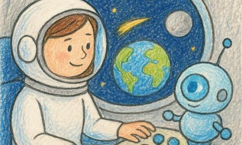 Nora è una donna alta e calma, volto dolce con un piccolo sorriso, in tuta spaziale bianca con casco a visiera trasparente mentre sfiora un cruscotto con pulsanti colorati; ha occhi rassicuranti, gesti lenti e siede vicino a un grande oblò. Un piccolo robot rotondo e amichevole fluttua accanto al sedile, corpo metallico pastello e occhio luminoso blu, indicando con un'antenna il pannello di controllo. Il cockpit è accogliente e colorato, pareti grigio chiaro, sedili blu, leve tonde e tre luci lampeggianti verde, blu e gialla sul quadro. Fuori, attraverso l'oblò, la Terra blu sembra una sfera brillante, una luna grigia è vicina e una scia di stelle conduce verso una piccola stella dorata; una nube di polvere spaziale scintilla come glitter. La scena mostra Nora che sceglie tra tre rotte luminose, espressione serena, atmosfera dolce e sognante, sensazione di viaggio calmo e sicuro.