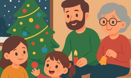 Una bambina di 2 anni, di nome Lila, con guance rosse e occhi scintillanti, tocca una palla di Natale rossa su un albero. È meravigliata, un ampio sorriso illumina il suo volto. Sua mamma, una donna sui trent'anni con capelli castani e un dolce sorriso, è accanto a lei, tenendo una coperta morbida. Il papà, un uomo sui trent'anni con una barba corta, accende una piccola candela sul tavolo. La nonna, una signora con capelli grigi e occhiali rotondi, suona un piccolo carillon, seduta su un divano. La scena si svolge in un salotto accogliente, decorato con ghirlande luminose e un grande albero di Natale coperto di palline colorate. La neve cade dolcemente all'esterno, visibile attraverso una grande finestra. L'atmosfera è dolce e festosa, con luci scintillanti e colori caldi.