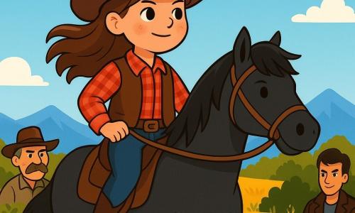 O fată cowboy curajoasă, Maria, de aproximativ 10 ani, stă mândră pe calul ei negru numit Fulger. Ea poartă o pălărie de cowboy din piele, o cămașă în carouri roșie și o vestă din piele, având o expresie hotărâtă și încrezătoare pe față. Părul ei castaniu flutură în vânt, iar ea privește în depărtare, pregătită pentru aventură. Aproape, doi bandiți, unul de aproximativ 30 de ani cu o mustață mare și o pălărie uzată, și celălalt, un tânăr de 20 de ani cu o jachetă din piele și un zâmbet ștrengar, stau în spate, observând-o pe Maria cu curiozitate. Fundalul este o vastă pajiște aurie, presărată cu flori sălbatice colorate, sub un cer albastru strălucitor unde soarele strălucește intens. La orizont, se conturează munți majestuoși, adăugând o notă de mister scenei. Situația principală o arată pe Maria, hotărâtă să traverseze pajiștea pentru a livra un mesaj important, în timp ce bandiții ezită, intrigati de curajul ei. Atmosfera este plină de tensiune, dar și de speranță, în timp ce fata cowboy avansează cu încredere.