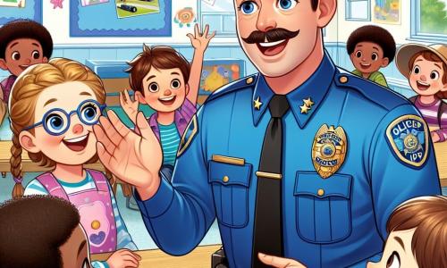 A smiling police officer in his thirties, with a well-groomed mustache and brown hair, is wearing a bright blue uniform and a shiny badge. He is enthusiastically speaking to a group of children, his eyes sparkling with joy and kindness. Among the children, an 8-year-old girl with braided blonde hair raises her hand with a big smile, eager to ask a question. Next to her, a 9-year-old boy with round glasses and brown hair listens attentively, his eyes wide with admiration. The scene takes place in a bright room at the Maplewood Community Center, decorated with colorful ornaments and children's drawings on the walls, creating a joyful and welcoming atmosphere. The officer explains his job to the children, sharing captivating stories about his adventures, while the children listen with fascination, their faces lit up with excitement and curiosity.