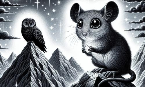 Een klein knaagdier met grote oren en glanzige grijze vacht staat moedig op de top van een hoge berg, zijn ogen stralend van vastberadenheid. Hij kijkt naar de sterrenhemel, met een kleine glanzende steen in zijn pootjes, die zijn zoektocht symboliseert. In de buurt observeert een grote donkere schaduw, een majestueuze uil met zwarte veren en doordringende ogen, het knaagdier met nieuwsgierigheid, zittend op een tak. Haar uitdrukking is zowel wijs als intrigerend, alsof ze oude geheimen kent. Het decor is een steile berg, verlicht door het zilveren licht van de maan, met donkere wolken die rond de toppen drijven. Schitterende sterren verlichten de nachtelijke hemel, wat een zowel magische als mysterieuze sfeer creëert. De hoofdscène toont het kleine knaagdier, vastbesloten om zijn angsten te overwinnen, klaar om het onbekende onder ogen te zien terwijl het de glanzende steen stevig vasthoudt, symbool van zijn moed en avontuur.