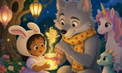 A gentle, furry male werewolf named Wally, light gray with fluffy ears and a yellow scarf with red polka dots, gently opens a small glowing glass jar on the grass with one paw on the lid ribbon; to his left Mina, a curious and reassured three-year-old girl in a rabbit hat and pastel dress holds the jar with both hands, gazing in wonder, while Luma, a tiny singing-voice fairy — a small golden glowing orb with arms and a smiling face — twirls out of the jar above Mina's hands; a candy-colored unicorn and a porcelain-like micro-dragon watch tenderly from the right background in an illustrated night garden with textured grass, an old gnarled apple tree, hanging lanterns and a silver full moon, soft shadows and warm colors, capturing a calm, magical moment as the jar opens just slightly to release the singing light, centered on the Wally–Mina–Luma trio with tender expressions, a soft palette, clear contrasts and a simple vector style with clean outlines, flat textures and childlike details.