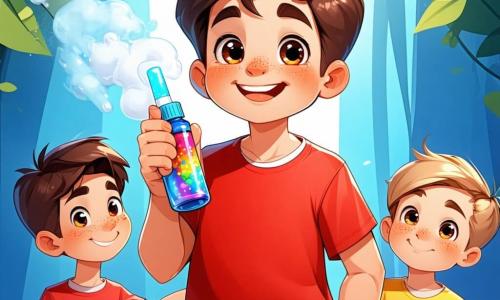 Um menino de 4 anos, Nuno, com cabelos castanhos bagunçados e olhos brilhantes de curiosidade, está no centro da imagem, sorrindo com uma expressão de determinação e alegria. Ele usa uma camiseta vermelha vibrante e um short azul, segurando um inalador colorido na mão direita. Ao lado dele, seu amigo Miguel, um menino de 4 anos com cabelos loiros e olhos azuis, observa Nuno com admiração, braços cruzados, pronto para incentivá-lo. A cena acontece em um parque ensolarado, cheio de flores coloridas e grandes árvores verdes, com um escorregador e balanços ao fundo. Os raios de sol filtram pelas folhas, criando sombras dançantes no chão. Nuno explica aos amigos como usa seu inalador para se sentir melhor, enquanto crianças ao seu redor escutam atentamente, algumas sorrindo e outras anotando em folhas de papel. A atmosfera é alegre e cheia de energia, ilustrando a importância da amizade e do apoio diante dos desafios.