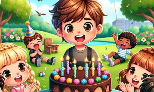 No centro da imagem, Pedro, um menino de seis anos com cabelos castanhos bagunçados e um grande sorriso, está em pé diante de uma mesa decorada com balões coloridos e um enorme bolo de chocolate. À sua direita, Ana, uma menina com cabelos loiros trançados e um vestido rosa, aplaude com entusiasmo. À esquerda, Lucas, um menino de cabelos negros e óculos, ri segurando um pequeno presente. Bia, uma menina com cabelos castanhos cacheados, está sentada na grama, com os olhos brilhando de alegria, enquanto João, um menino de cabelos ruivos, faz um gesto de vitória com os braços levantados. O cenário é um parque ensolarado, com grandes árvores verdes, flores coloridas e um céu azul salpicado de nuvens brancas. A cena mostra Pedro cercado por seus amigos, todos rindo e celebrando seu aniversário, enquanto um pequeno dragão verde, Draguinho, se eleva no ar, criando faíscas mágicas com sua cauda. A atmosfera é festiva e cheia de alegria, capturando o espírito de um aniversário inesquecível.