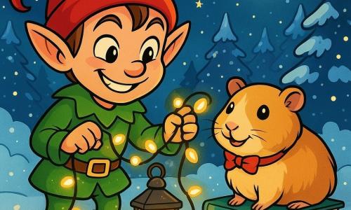 Um pequeno duende travesso de Natal, com um chapéu pontudo vermelho e botas verdes brilhantes, sorri maliciosamente segurando uma guirlanda luminosa nas mãos. Seus olhos brilham de travessura e seu rosto é iluminado por uma suave luz dourada. Ao seu lado, um porquinho-da-índia com pelos sedosos, usando um pequeno laço vermelho no pescoço, observa com curiosidade e um sorriso alegre, sentado sobre uma pilha de livros coloridos. Ao fundo, uma floresta nevada brilha sob a lua, com árvores carregadas de neve e estrelas brilhantes em um céu noturno. A cena mostra o duende decorando um pequeno farol de vidro, cercado por luzes que dançam ao seu redor, criando uma atmosfera festiva e mágica.