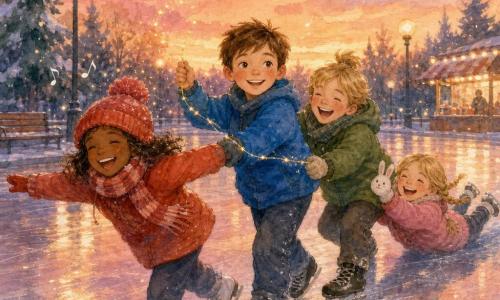 Er zijn vier kinderen: Sam (ongeveer 9 jaar), jongen met kort bruin haar en roze wangen, felblauwe jas, vooraan in het midden, hij houdt in zijn rechterhand een klein fonkelend gouden draadje en kijkt glimlachend vooruit; Noor (ongeveer 9 jaar), meisje met bruin haar onder een grote rode muts en gestreepte sjaal, vooraan links, arm uitgestrekt als een vliegtuig en met lachende ogen; Jens (ongeveer 9 jaar), jongen met blond haar in een klein knotje en groene jas, achter Noor rechts, wiebelt als een “pinguïn” en lacht; Lotte (ongeveer 8 jaar), meisje met blonde vlechten, witte konijnenoor-wanten en roze mantel, achteraan rinkelend over de buik terwijl ze lacht en Sams arm vasthoudt. Plaats: buitenijsbaan bij schemering met glanzend licht gestreept ijs dat roze-oranje hemelkleuren reflecteert, ronde warme lantaarns, houten bankjes, vage frietkraam en besneeuwde dennen. Situatie: de vier kinderen vormen een klein treintje hand in hand en schaatsen samen, het gouden draadje glinstert tussen hen, vloeiende bewegingen, dynamische warme houdingen en een vrolijke speelse sfeer.