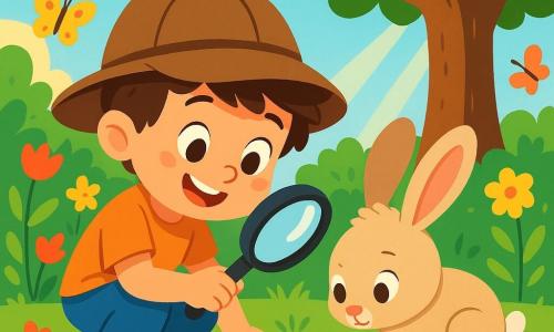 A 4-year-old boy named Max, with messy brown hair and a curious big smile, wears an oversized detective hat. He is crouched in the garden, holding a magnifying glass, his eyes sparkling with excitement. Next to him is a 4-year-old girl named Lily, an adorable bunny with big ears and soft fur, carefully observing the ground, her eyes shining with determination. The garden is filled with colorful flowers, butterflies fluttering around, and a large tree with lush green foliage in the background. Sun rays filter through the branches, creating dancing shadows on the grass. Max and Lily are searching for clues to find Max's lost toy, Zoomy, in the grass, surrounded by scattered toys, in a joyful and adventurous atmosphere.