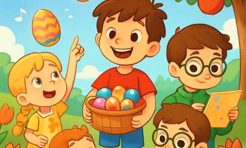 There are 4 children: Max, an 8-year-old boy with messy brown hair, wearing a red t-shirt and blue shorts, standing in the center holding a basket of colorful eggs with a big smile; Lila, a 7-year-old girl with braided blonde hair in a yellow floral dress, to the left of Max, pointing at a floating egg above them, eyes wide with wonder; Jamie, an 8-year-old boy with glasses and brown hair in a green sweater, to the right of Max, focused on taking notes on a sparkling map; and Zoe, a 6-year-old girl with curly red hair in a pink overall, crouched in front of a bow-tied hedgehog, laughing joyfully. The setting is Granny Mabel's enchanting garden, filled with colorful tulips, an upside-down apple tree, and glowing eggs floating in the air, creating a magical and joyful atmosphere. The main scene shows the children preparing for the Easter festival, surrounded by bright flowers and playful animals, each engaged in a special task, with laughter and joy in the air.