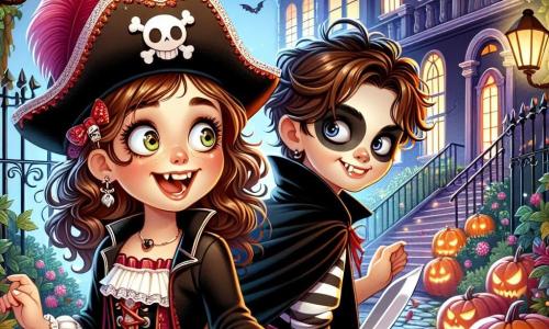 A 12-year-old girl, Lucy, with curly brown hair, wears a pirate costume with a black hat adorned with a red feather. Her face radiates excitement and curiosity, her big eyes sparkling with wonder as she holds a plastic sword. Next to her, her best friend Max, also 12, is dressed in a black vampire cape and pale makeup, sporting a mischievous smile. They stand in front of the mysterious mansion, surrounded by twinkling lanterns and grinning pumpkins that light the path. The imposing, old mansion is covered in ivy, with stained glass windows revealing dancing shadows inside. The scene captures the moment when Lucy and Max, intrigued and a bit nervous, are about to enter the mansion for a magical adventure full of surprises.
