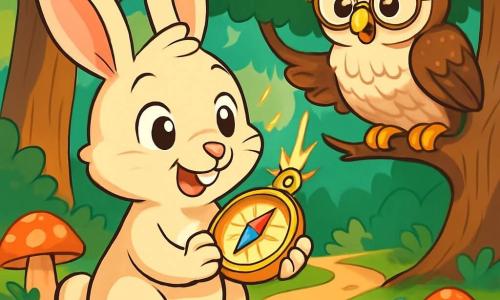 A small rabbit named Oliver, with soft, silky cream-colored fur and bright, curious eyes, holds a sparkling golden compass in his paws. He displays an expression of wonder and excitement, his large ears perked up towards the sky. Next to him, a wise owl with brown and white feathers, wearing round glasses, perches on a branch, watching Oliver with a kind and amused gaze. He seems ready to share his wisdom, his wings slightly spread. The setting is an enchanted forest, with majestic trees and thick trunks, their vibrant green leaves dancing in the wind. Sunbeams pierce through the foliage, illuminating the ground sprinkled with colorful flowers and oddly shaped mushrooms. The scene shows Oliver, the rabbit, following the winding path of the forest, guided by the golden compass, while the owl observes him with interest. The atmosphere is magical and full of promises of adventures to come.