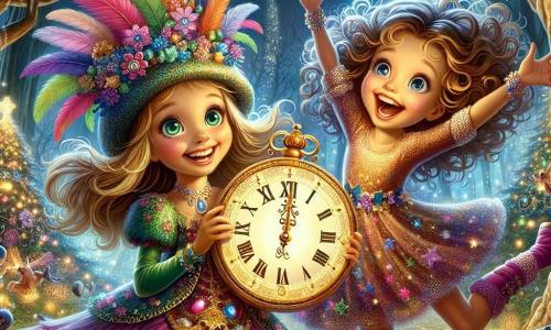An 11-year-old girl, Mia, stands at the center of the image with bright, large eyes and a radiant smile. She wears a colorful New Year's hat adorned with feathers and glitter, and holds a beautiful golden clock in her hands, symbolizing the magic of New Year's. Her expression is full of wonder and excitement. Next to her, her best friend, Lily, also 11, has curly hair and wears a festive dress with sparkling stars. She is jumping for joy with her arms raised, sharing Mia's enthusiasm. In the background, an enchanted forest can be seen, with majestic twisted trees and glowing flowers illuminating the ground. Sparkling stars shine in the night sky, creating a magical atmosphere. The main scene shows Mia and Lily, surrounded by light and magic, celebrating New Year's with a sparkling clock, ready for an unforgettable adventure in the starry night.