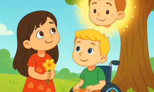 Er zijn 3 personages: - Noor: een 7-jarig meisje met lang bruin haar en sprankelende ogen. Ze draagt een mooie rode bloemenjurk en houdt een gele bloem in haar handen. Ze staat rechtop, kijkt naar de lucht met een zachte glimlach. - Daan: een 8-jarige jongen met kort blond haar. Hij zit in een blauwe rolstoel, gekleed in een groene t-shirt en een korte broek. Hij glimlacht en kijkt Noor met genegenheid aan. - Sam: een 7-jarige jongen, afgebeeld als een stralende geest, met kastanjebruin haar en een glimlachend gezicht. Hij zweeft licht boven hen, omgeven door een zachte gouden gloed. De locatie is een groene park, onder een grote majestueuze boom met helder groene bladeren. De grond is bedekt met vers gras en kleine kleurrijke bloemen. De lucht is helderblauw, met een paar donzige witte wolken. De belangrijkste situatie toont Noor en Daan die bloemen onder de boom leggen ter nagedachtenis aan hun vriend Sam. Ze wisselen glimlachen en liefdevolle blikken uit, terwijl Sam's geest hen vriendelijk observeert, wat een warme en troostende sfeer creëert.