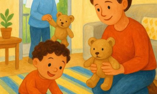 Um menino de 2 anos, Léo, sorridente e curioso, cabelos castanhos encaracolados, olhos redondos, brinca com uma pequena lupa de plástico e aponta para uma trilha de migalhas num tapete colorido; a mãe (cerca de 30 anos), cabelo castanho preso em coque, sorriso suave, agacha-se ao lado dele à direita do sofá segurando um ursinho de pano encontrado; uma vizinha (cerca de 40 anos), cabelo grisalho em rabo de cavalo, está na porta-janela da varanda à esquerda ao fundo segurando a outra parte do ursinho, com o sol atrás; a sala é luminosa, tapete listrado amarelo e azul, pequena mesa de madeira, almofadas geométricas, porta-janela entreaberta com uma brisa que movimenta um tecido na varanda; no chão perto do sofá há migalhas e uma casca de banana; atmosfera calorosa, cores suaves e textura de guache, traços largos e contornos ligeiramente desfocados para um aspecto terno e infantil.