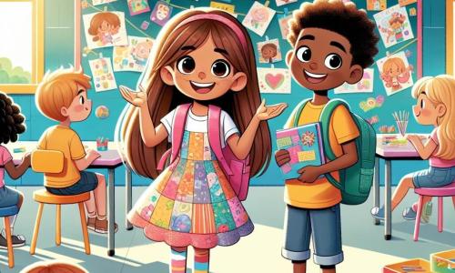 Hay dos personajes principales: 1. **Sofía**, una niña de 8 años con cabello largo y castaño, que lleva un vestido colorido con flores y una mochila rosa. Está de pie, sonriendo, con una expresión de emoción en el rostro, sosteniendo un libro en sus manos. 2. **Clara**, una niña de 8 años con cabello rizado y rubio, vestida con una camiseta amarilla y un short de mezclilla. Se encuentra al lado de Sofía, señalando un gran cartel decorado con dibujos de niños y palabras de aliento. La escena tiene lugar en una escuela luminosa y acogedora, con grandes paredes pintadas de colores vivos, ventanas que dejan entrar la luz del sol y carteles coloridos por todas partes. Se pueden ver mesas redondas y sillas dispuestas en círculo, así como una pizarra al fondo de la sala, llena de dibujos de alumnos. La situación principal muestra a Sofía y Clara, alegres y comprometidas, trabajando juntas en un proyecto escolar, rodeadas de compañeros de clase. Están recolectando materiales para crear una gran torre utilizando espaguetis y malvaviscos, simbolizando el espíritu de equipo y la creatividad de su primera semana de escuela.