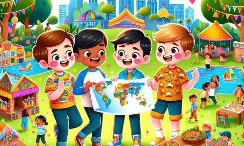 Em um parque vibrante de cores, quatro meninos estão juntos, cada um representando uma cultura diferente. Lucas, um menino de 10 anos com cabelos castanhos e olhos brilhantes, sorri alegremente segurando uma pequena bandeira. À sua direita, Tiago, um menino de 11 anos com cabelos negros e pele levemente bronzeada, observa atentamente um mapa da cidade que eles desenharam. À esquerda, Pedro, um menino de 10 anos com cabelos loiros e olhos azuis, usa uma camiseta com estampa de tacos e mostra uma maquete de parque. Por fim, Rafael, um menino de 11 anos com cabelos castanhos e pele clara, dança alegremente imitando movimentos de dança indonésia. O parque está cheio de flores coloridas, grandes árvores verdes e mesas onde famílias saboreiam pratos do mundo todo. Bandeirinhas coloridas flutuam ao vento, criando uma atmosfera festiva e acolhedora. A cena principal mostra os meninos discutindo e planejando seu projeto de cidade multicultural, cercados por elementos que representam diferentes culturas, como miniaturas de casas, pratos típicos e instrumentos musicais, trocando ideias com entusiasmo e ilustrando a importância da diversidade e da amizade.