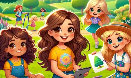 Em um parque ensolarado, quatro meninas de 9 anos estão reunidas. Ana, com cabelos castanhos e cacheados, veste uma camiseta amarela e um short jeans. Ela está sentada na grama, com os olhos brilhando de entusiasmo, segurando um caderno. Ao lado dela, Beatriz, com cabelos longos e lisos, usa um vestido florido e está inclinada sobre um tablet, sorrindo ao descobrir informações. Clara, que usa um cadeirinho, tem cabelos loiros e veste uma camiseta azul. Ela está desenhando uma árvore grande em uma folha de papel, com um sorriso radiante no rosto. Por fim, Daniela, com cabelos castanhos e um chapéu de palha, está em pé, segurando uma caixa de lápis de cor, pronta para compartilhar seus desenhos. O parque está cheio de verde, com árvores majestosas, flores vibrantes e um céu azul claro. Ao longe, crianças brincam e riem, criando uma atmosfera alegre. As quatro amigas discutem entusiasticamente seu projeto sobre a importância de usar as telas com responsabilidade, enquanto se envolvem em atividades criativas, longe dos dispositivos eletrônicos.