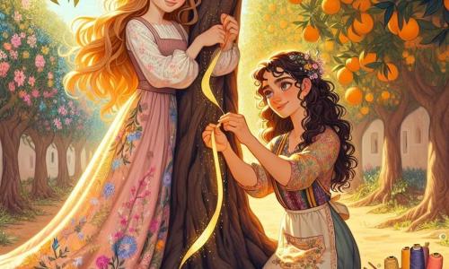 Elara, een jonge vrouw met lange gouden haren en nieuwsgierige ogen, staat voor een majestueuze sinaasappelboom. Ze draagt een lichte pastelgekleurd jurk met bloemenmotieven, en haar gezicht straalt medeleven uit terwijl ze zachtjes de schors van de oude boom aanraakt. Naast haar is Livia, een vrouw van in de dertig met krullend bruin haar en creatieve ogen, bezig een prachtige gouden band om de stam van de boom te knopen. Ze draagt een kleurrijke blouse en een schort vol zakken, vol met garen en scharen. De locatie is een zonnige laan, omzoomd met bloeiende sinaasappelbomen, waarvan de feloranje bloemblaadjes als confetti op de grond vallen. Het zonlicht filtert door de bladeren, waardoor een spel van dansende schaduwen op de aarde ontstaat. Elara en Livia delen een magisch moment, terwijl ze samen een gouden band om de stam van de boom weven, terwijl de oude sinaasappelboom begint te stralen, zijn bladeren fonkelen als sterren, wat symbool staat voor wedergeboorte en hoop.