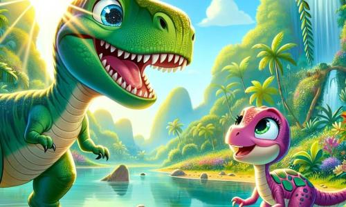 Een jonge Tyrannosaurus Rex genaamd Timo, met een stralend groene huid en nieuwsgierige sprankelende ogen, staat aan de oever van een prachtig meer met een verwonderde blik. Hij toont zijn scherpe tanden in een grote glimlach, klaar om een nieuw avontuur te beleven. Naast hem moedigt zijn beste vriendin, Stella, een stegosaurus met roze schubben en grote groene platen op haar rug, hem enthousiast aan, haar ogen stralend van opwinding. Op de achtergrond is de weelderige jungle gevuld met grote bomen met kleurrijke bladeren, stralende bloemen en zonnestralen die door het loof filteren, wat een magische sfeer creëert. Timo en Stella hebben zojuist een oud mysterieus artefact ontdekt, glinsterend aan de waterkant, en ze bereiden zich voor om het samen te verkennen, vol verlangen om de geheimen te ontdekken die het verbergt.