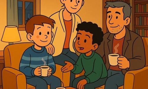 Vier personen: Daan, 9 jaar, kortbruin haar, licht gebruinde wangen, lichtblauwe gestreepte trui, zit links in een fauteuil met een kop warme chocolademelk in beide handen en een rustige glimlach; Yusuf, 9 jaar, iets donkerdere huid, krullend zwart haar, groen sweater, zit rechts, licht naar Daan toegebogen met een ondeugende maar kalme blik; moeder, ~35, kastanjebruin haar in losse knot, crèmekleurig vest, zit middenachter met hand zacht op Daan's schouder, liefdevolle beschermende blik; vader, ~38, kort peper- en zoutkleurig haar, losse jas, zit iets naar achteren rechts met dampende kop en ontspannen glimlach. Locatie: gezellige bibliotheekhoek met zandkleurige muren, lage warme lamp, mosterdkleurige veloursfauteuils, lichte houten salontafel met drie koppen en koekjes, opgevouwen deken op een armleuning, open deur met zicht op boekenplanken, licht versleten parket en een raam met lichte gordijn waardoor grijs namiddaglicht filtert. Situatie: rustig moment na vrijwilligerswerk; ze rusten samen, delen koppen warme chocolademelk, tonen zachte gebaren en warme, troostende sfeer door het warme binnenlicht tegen het grijze buitenlicht, intieme compositie die familieband en ontspanning benadrukt.