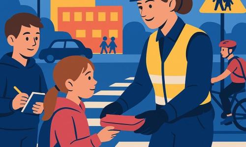 Uśmiechnięta spokojna policjantka ok. 30–40 lat, brązowe włosy w koku, granatowy mundur z fluorescencyjną kamizelką, w rękawiczce podaje piórnik siedmioletniej dziewczynce; chłopiec Kuba, 11 lat, krótkie jasnobrązowe włosy, granatowa bluza, trzyma notes i ołówek, stoi nieco z lewej z zachwyconym spojrzeniem; dziewczynka ok. 7 lat w różowej kurtce i kitce, lekko klęczy, odbiera piórnik, widocznie z ulgą i nieśmiałością; nastoletni rowerzysta ok. 15 lat, czerwony kask, słuchawka w uchu, rower z tyłu po prawej, podnosi rękę na znak przeprosin; scena przed szkołą rano: szerokie pasy, znak zatrzymania szkolnego, latarnia, ławka i plecak na ziemi, zaparkowane samochody, sylwetki dzieci w tle; styl graficzny: płaskie kontrastowe kolory (głęboki błękit, żółć fluorescencyjna, róż, biel), minimalne cienie, grube linie, czytelna pedagogiczna kompozycja skupiona na spokojnej wymianie między policjantką a dziećmi.