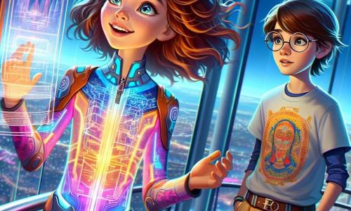 Una niña de 12 años, Elena, está en la cima de una alta torre de cristal, con los ojos brillantes de asombro. Tiene el cabello castaño ondulado que flota ligeramente en el viento y lleva un traje futurista colorido con patrones luminosos. Su rostro expresa curiosidad y emoción mientras observa un holograma de un antiguo plano de la ciudad proyectado frente a ella. A su lado, Lucas, un niño de 12 años con cabello corto y gafas redondas, examina atentamente el holograma. Lleva una camiseta gráfica y pantalones cargo, y su expresión es concentrada, mostrando su interés por el misterio que están descubriendo juntos. La escena tiene lugar en la sala de observación de la torre, un espacio moderno con paredes de vidrio transparente que ofrece una vista panorámica de la ciudad futurista de Lumina, iluminada por neones multicolores y vehículos flotantes en el cielo nocturno. La situación principal muestra a Elena y Lucas descubriendo un holograma de un antiguo plano de la ciudad, revelando secretos olvidados, mientras una luz brillante emana del espejo mágico que encontraron, iluminando sus rostros con un resplandor fascinante.