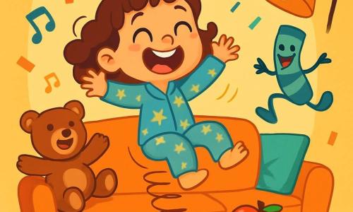 Una niña de 6 años, con grandes ojos brillantes y cabello rizado, lleva un pijama azul con estampado de estrellas y lunas. Se ríe a carcajadas, sentada en un sofá que salta como una rana, rodeada de confeti colorido que cae del techo. A su lado, un osito de peluche, con una sonrisa alegre y voz de pato, canta una canción divertida. Un calcetín azul a rayas verdes, con una cara sonriente, hace acrobacias en el aire, añadiendo un toque de locura a la escena. El lugar es una sala acogedora, decorada con cojines coloridos, paredes pintadas de amarillo brillante y una lámpara que danza alegremente sobre ellos. La situación principal muestra a la niña y sus amigos objetos en plena fiesta, riendo y bailando juntos, mientras una manzana voltereta rueda alegremente sobre la mesa, creando un ambiente de magia y felicidad.