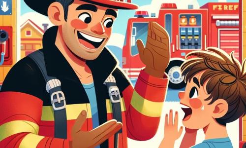 Un bombero sonriente, un hombre de unos treinta años, lleva un casco brillante y un uniforme rojo con bandas reflectantes. Está hablando con entusiasmo con un niño pequeño, sus ojos brillando de alegría y orgullo. El niño, de unos 7 años, tiene el pelo castaño despeinado y una camiseta azul. Lo mira con admiración, los ojos muy abiertos, y hace un gesto con la mano como si también quisiera ser bombero. La escena tiene lugar en una colorida estación de bomberos, con camiones rojos estacionados afuera, herramientas de rescate colgadas en las paredes y carteles sobre seguridad contra incendios. El sol brilla a través de las ventanas, iluminando el lugar con una luz cálida. El bombero explica con pasión su trabajo al niño, mostrándole una manguera grande e imitando el sonido del agua que sale, mientras el niño ríe e imagina que está salvando animales y personas.