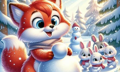 Ein kleiner, leuchtend roter Fuchs mit großen, neugierigen Augen und einem fröhlichen Lächeln rollt eine große Schneekugel auf einer sonnigen Lichtung, umgeben von sanft fallenden, funkelnden Schneeflocken. In der Nähe beschäftigt sich eine Familie von weichen, weißen Kaninchen mit funkelnden Augen, die eifrig Schneekugeln stapeln, um einen Schneemann zu bauen, während ihre kleinen Pfoten begeistert herumfuchteln. Der Ort ist eine verzauberte Lichtung, umgeben von großen Bäumen mit schneebedeckten Zweigen, durch die die Sonne scheint und Lichtblitze auf den weißen Boden wirft. Die Hauptsituation zeigt den Fuchs und die Kaninchen, die gemeinsam in einer fröhlichen Atmosphäre arbeiten, lachen und lächeln, während sie zusammen einen wunderschönen Schneemann erschaffen, ein Symbol ihrer Freundschaft und der Magie des Winters.