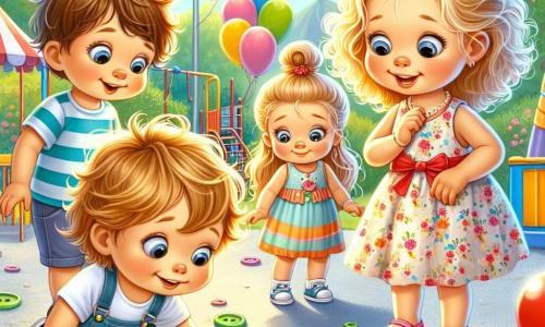 Mała dziewczynka Zosia, mająca 2 lata, z kręconymi blond włosami i dużymi, błyszczącymi oczami, pochyla się z zachwytem, aby zbadać błyszczący, kolorowy guzik na ziemi. Ma na sobie kwiecistą sukienkę i różowe sandały, a jej wyraz twarzy zdradza wielkie podekscytowanie. Obok niej Antek, 3-letni chłopiec z rozczochranymi brązowymi włosami i niebieską koszulką, z zainteresowaniem przygląda się guzika, trzymając ręce na biodrach. Kaja, inna 2-letnia dziewczynka z kasztanowymi włosami i małym warkoczykiem, klęczy obok Zosi, trzymając czerwony balon i uśmiechając się radośnie. Scena rozgrywa się w słonecznym parku, pełnym żywych kolorów: balony unoszą się w powietrzu, stoiska z grami są ozdobione girlandami, a dzieci śmieją się i bawią wokół nich, tworząc radosną atmosferę. Zosia, Antek i Kaja, jako mali detektywi, wspólnie odkrywają tajemnicę zagubionego guzika, pochylając się nad ziemią, zafascynowani swoim znaleziskiem, gotowi rozwiązać zagadkę.