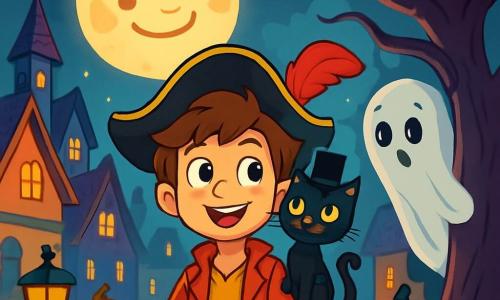 Um menino de 10 anos, Hugo, com cabelos castanhos bagunçados e olhos brilhantes de curiosidade, está no centro de uma cidade mágica de Halloween. Ele veste um traje de pirata com um chapéu preto adornado com uma pena vermelha, e seu rosto expressa alegria maravilhada, iluminado pela luz de uma grande lua sorridente. Ao seu lado, um elegante gato negro, o Senhor Bigodes, com um pequeno bigode e uma cartola, está em seu ombro, olhando ao redor com um ar travesso. Um fantasma tímido, o Guarda-Chaves, se esconde atrás de uma árvore torta, com um lençol branco flutuante e olhos brilhantes, observando Hugo com admiração. O cenário é uma cidade de Halloween, com casas de telhados pontudos e coloridos, lanternas em forma de abóbora iluminadas e árvores com galhos tortos, criando uma atmosfera mágica e ligeiramente misteriosa. Nessa cena, Hugo descobre a magia da cidade, pronto para enfrentar um desafio, enquanto criaturas fantásticas dançam ao seu redor, aumentando a excitação da aventura.