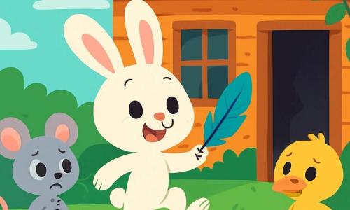 Lolo el pequeño conejo, con su pelaje blanco y grandes orejas, está saltando alegremente frente a una vieja casa de madera, sus ojos brillando de curiosidad y una sonrisa traviesa en su rostro. A su lado, Rina la mapache, pequeña y gris con grandes orejas, mira a su alrededor con una expresión inquieta, mientras que Tomi el pato, con su plumaje amarillo brillante, se mantiene un poco al margen, intrigado pero algo dudoso. La casa, rodeada de flores coloridas y lianas verdes, tiene ventanas polvorientas y una puerta de madera agrietada, dejando entrever sombras misteriosas en su interior. En esta escena, Lolo examina una pluma azul brillante que encontró, mientras Rina y Tomi lo observan, los tres listos para resolver el misterio que les espera.