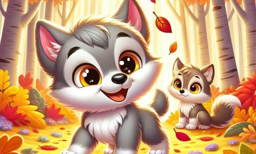 Un pequeño lobo de ojos brillantes y curiosos, con un pelaje suave y gris, se encuentra en medio de un jardín otoñal, maravillado por las hojas de colores que caen a su alrededor. Tiene una sonrisa alegre y sus orejas están erguidas, mostrando su emoción. Cerca, una madre lobo, grande y protectora, con un pelaje marrón y ojos cálidos, observa a su pequeño con una mirada tierna y alentadora, lista para compartir historias sobre el otoño. El jardín está lleno de grandes árboles con hojas vibrantes, en tonos de rojo, naranja y amarillo que iluminan el suelo, y un suave rayo de sol filtra a través de las ramas. La escena principal muestra al pequeño lobo explorando alegremente el jardín, saltando entre las hojas, mientras su madre le habla sobre las maravillas del otoño, creando una atmósfera mágica y cálida.