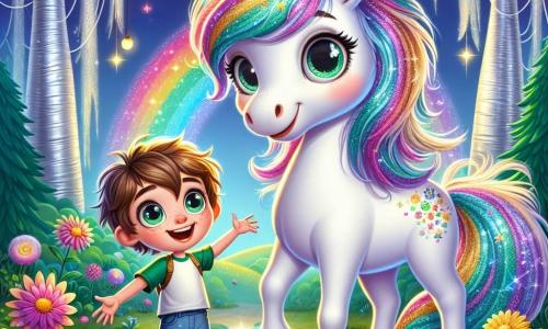 Eine prächtige Einhorn namens Livia steht stolz im Mittelpunkt der Szene. Ihr Fell ist strahlend weiß, mit schimmerndem Regenbogen-Mähne und einem goldenen Horn, das in der Sonne glänzt. Ihre großen, funkelnden Augen drücken Freude und Staunen aus. An ihrer Seite beobachtet ein 8-jähriger Junge namens Linus mit zerzausten braunen Haaren und einem strahlenden Lächeln fasziniert das Einhorn. Er trägt ein grünes T-Shirt und eine Jeansshorts und steht auf einem kleinen Felsen, die Arme ausgebreitet, bereit für ein Abenteuer. Die Kulisse ist eine verzauberte Lichtung, umgeben von silbernen Baumstämmen und bunten Blumen, die im Wind tanzen. Glühwürmchen erleuchten die Luft und schaffen eine magische Atmosphäre, während ein funkelnder Limonadenbach durch die Szene fließt. Die Hauptsituation zeigt Linus und Livia, die sich auf ein spannendes Abenteuer im geheimnisvollen Zauberwald vorbereiten, mit Lichtblitzen und lebhaften Farben, die Magie und Freundschaft hervorrufen.