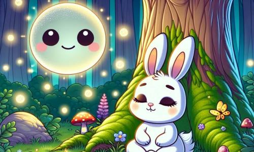 In einer friedlichen Ecke des Waldes sitzt ein kleiner weißer Hase namens Luna, mit großen, glänzenden Augen und langen Ohren, unter einem majestätischen Baum. Sie wirkt gelassen und verträumt, atmet tief ein und hat ein leichtes Lächeln im Gesicht. In der Nähe strahlt ein sanftes, lächelndes Wesen, das den Geist des Waldes repräsentiert, ein warmes und beruhigendes Licht aus. Es scheint wohlwollend und fröhlich zu sein, bewegt sich langsam in der Luft wie eine leichte Brise. Der Ort ist eine Oase des Friedens, mit silbernen Mondstrahlen, die durch die grünen Blätter filtern und Lichtmuster auf den moosbedeckten Boden werfen. Bunte Blumen und Glühwürmchen tanzen darum und verleihen der Atmosphäre einen magischen Hauch. Luna, in tiefer Meditation, konzentriert sich auf ihren Atem, umgeben von einer ruhigen und entspannenden Stimmung, während das Lächeln des Waldes sie ermutigt, in einen sanften Traum einzutauchen.