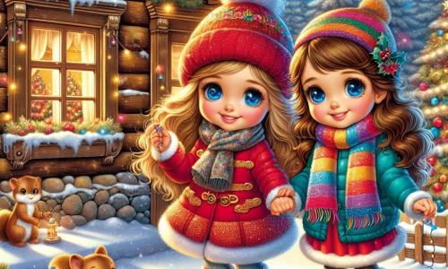 Duas meninas, Clara e Sofia, de 8 e 9 anos, estão no centro da cena. Clara, com longos cabelos loiros e olhos brilhantes, usa um casaco vermelho e um gorro combinando, enquanto Sofia, com cabelos castanhos e cacheados, exibe um cachecol colorido e uma jaqueta azul. Elas sorriem, cercadas por decorações de Natal brilhantes. Ao fundo, há uma casa de madeira iluminada, com janelas decoradas com luzes e uma porta de madeira adornada com uma coroa de Natal. A neve cobre o chão, criando um tapete branco cintilante, e flocos de neve caem suavemente do céu estrelado. As meninas estão decorando a casa do avô de Clara com ramos de pinheiro e enfeites coloridos, enquanto um esquilo curioso as observa de um galho. A atmosfera é alegre e mágica, capturando o espírito do Natal e a amizade.