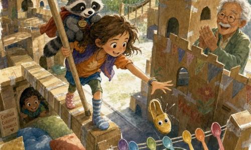 An excited, determined 8-year-old girl with messy light brown hair, sparkling eyes and colorful clothes with mismatched socks holds a long cardboard cane as she reaches for a yellow slipper with googly eyes; a brave, joyful plush raccoon named Captain Fluff perches on her shoulder, while a smiling, kind 70-year-old grandfather with white hair and round glasses applauds beside a decorated cardboard fort in an open-garage cardboard adventure park—towers, bridges and tunnels of kraft boxes with visible tape, colorful cushions and a painted sign reading BEWARE! THE IMPOSSIBLE CHALLENGE!—as she crosses a wobbly box bridge and a golden slipper falls into a watering can with plastic spoons laid as a makeshift rescue bridge; rendered in a soft watercolor palette of warm yellows, oranges and browns with blue and green accents, textured washes, light outlines and late-afternoon soft light, dynamic medium shot slightly elevated, clear readable expressions.