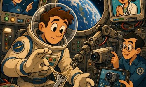 Um astronauta jovem (≈28 anos), concentrado e légèrement soulagé, cabelos castanhos curtos sob um capacete transparente, manipula com precisão as manetes de um braço robótico para ajustar uma pequena pinça sobre uma chave inglesa presa entre placas metálicas; à esquerda, no monitor, aparece em busto a comandante adulta (≈42 anos) de cabelos grisalhos presos, apontando uma trajetória e dando ordens; à direita, em outro ecrã, a médica (≈35 anos) de cabelos pretos, sorrindo e encorajando; um engenheiro (≈30 anos) com óculos ajusta o contraste de uma câmara a partir de um tablet; interior compacto da estação com painéis cinza-claro, botões coloridos, cabos organizados e um grande escotilha mostrando a Terra ao fundo; cena tensa mas reconfortante, iluminação quente, estilo com silhuetas arredondadas.