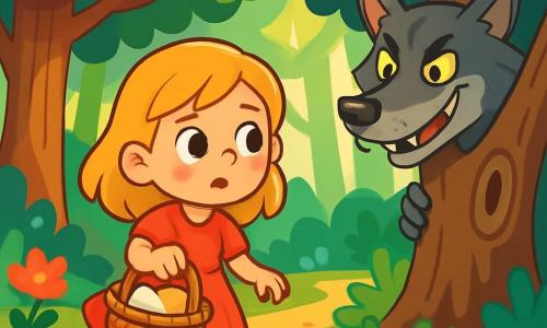 Uma menina de 6 anos, Clara, com cabelos dourados e olhos brilhantes, avança cautelosamente em uma floresta encantada, seu rosto expressando curiosidade misturada com apreensão. Ela usa um vestido vermelho vivo e segura uma linda cesta de vime cheia de doces. Perto dela, um grande lobo mau, com pelagem cinza e olhos penetrantes, se esconde atrás de uma árvore retorcida, observando Clara com um sorriso malicioso. A floresta é densa, com grandes árvores de troncos grossos, folhas verdes vibrantes e flores coloridas espalhadas pelo chão. Raios de sol atravessam a folhagem, criando sombras dançantes no solo. Clara, determinada, avança por um caminho estreito ladeado de flores, ignorando a presença ameaçadora do lobo que a observa, pronto para atacar.