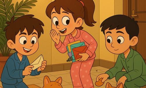 Três crianças: Tomás (~11) à esquerda, de pijama azul e pantufas de tubarão, ajoelhado no tapete segurando uma carta triangular e sorrindo; Beatriz (11) ao centro, de pijama rosa com bolinhas e pantufas de coelho, de pé inclinada segurando cartas coloridas e um marcador enquanto sussurra; Rui (~11) à direita, de pijama verde e pantufas em forma de fatia de pão, agachado junto a um grande gato cor de caramelo, oferecendo-lhe um biscoito. Cena num corredor noturno e acolhedor de prédio: paredes amarelas suaves, chão de azulejo bege, luz ambarada de arandelas, caixa de correio metálica vermelha ao fundo, grande samambaia num vaso de barro à esquerda e porta de madeira gasta com capacho “Bem-vindo”. Os três, em clima aconchegante, espalham silenciosamente pequenas cartas de gratidão nas caixas e sob as portas; gestos delicados, expressão travessa e terna, o gato, preguiçoso, aceita o biscoito como “guarda” da caixa, criando uma missão secreta e divertida antes de dormir.