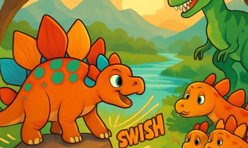 A young stegosaurus named Spike, with colorful umbrella-shaped plates on his back, stands bravely on a rock, his eyes shining with excitement and determination. He looks towards a large Allosaurus in the distance, standing across a river, its green and brown scales glistening in the sunset. Nearby, mother stegosaurus Stella, with a protective gaze, gathers her two little sisters, Sprout and Sunny, who are curious and a bit scared, hiding behind her. The setting is a lush valley surrounded by misty mountains, with majestic trees and colorful flowers dancing in the wind. The main scene shows Spike making noise with his tail, ready to defend his family against the large Allosaurus, which seems surprised by the noise and the crowd of dinosaurs gathering to support them.