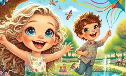 A 10-year-old girl named Lily, with sparkling blue eyes and curly golden hair, joyfully stands under a large oak tree in a blooming park. She wears a light floral dress and smiles with her arms open, as if welcoming spring. Beside her is her friend Sam, a 9-year-old boy with messy brown hair and round glasses, holding a colorful kite flying in the blue sky. He laughs with excitement in his bright eyes as he runs to catch the wind. In the background, the park is filled with vibrant flowers, tulips, and daffodils, while families enjoy picnics on colorful blankets. Birds sing in the trees, and a small pond sparkles in the sun, where frogs happily jump. The scene captures Lily and Sam celebrating spring, surrounded by the beauty of nature, with laughter and bright colors, embodying the essence of joy and new life that this season brings.