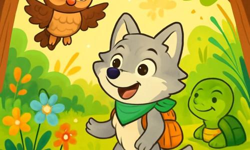 In a sunny forest, a little wolf named Willow, with soft silver fur, wears a big excited smile. She has a pretty green scarf around her neck and holds a small backpack filled with treasures. Next to her, a wise owl named Oliver, with brown feathers and bright round eyes, gently floats in the air, looking at Willow kindly. A bit further away, an old turtle named Thomas, with a green shell and mischievous eyes, smiles as he settles near a sparkling pond. The scene takes place in a secret garden filled with colorful flowers and dancing grasses, where sunlight filters through the leaves. Curious Willow is about to listen to Oliver's stories, surrounded by the enchanted beauty of nature.