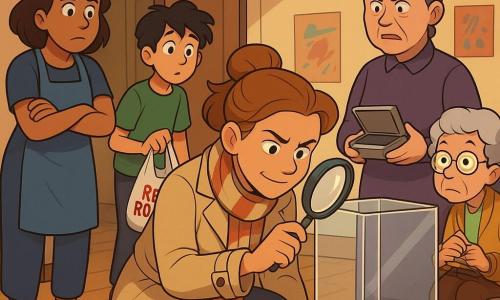 The detective is a woman, focused and sly with furrowed brows and a slight smile, wearing a slightly wrinkled beige trench coat, striped scarf and loose bun, kneeling before an empty glass display case holding a shiny magnifying glass; Sonia Patel, about 40, warm but tired, in a blue concierge apron stands left with arms crossed, worried; Ms. Lark, about 50, upright and rigid with gray hair in a tight bun, stands right holding a small open tin box, red with embarrassment; Kian, about 12, a curious hobbyist with messy black hair, leans in a doorway behind the detective holding a white plastic bag with big red letters; Mrs. Bibi, about 60, small and lively, sits near a hallway door with notebook and pen, attentive; setting: old building common room with light parquet floor, glass display on a red velvet base, a slightly tilted round wall clock above the door, colorful posters and folded metal chairs; main scene: detective illuminating the empty case with clear visual clues—sticky residue on the lock edge, a white plastic bag marked Red Robin on the floor, and a tilted clock—slight tension, warm colors, clean lines and rounded contours in a 90s cartoon style.