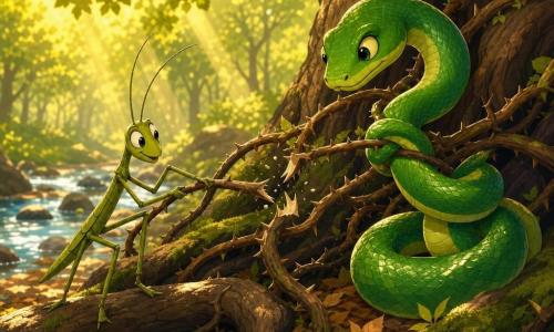 Sylvan, a distinct emerald snake with wise eyes and gleaming scales, gently coils around a thick vine to undo it while Twig, a thin green stick insect with a curious smile, stands on a root pulling a thorny branch; beneath an ancient oak with gnarled roots, a leaf- and moss-covered floor beside a sparkling stream, dappled sunlight falls as the pair dismantle a thorny vine trap at the tree's base, conveying cooperation and imminent relief.