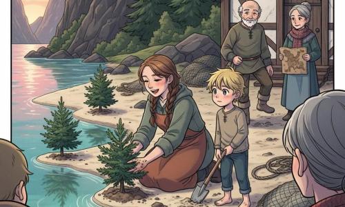 Eira, a soft-faced, focused, smiling woman with shoulder-length braided brown hair, wearing a gray-green wool coat and rust apron, kneels on fjord sand planting a small fir tree; her hands are dirty and her gaze peaceful and gentle. To her right stands a blond, tousled-haired boy of about 10 with rosy cheeks, holding a small wooden shovel and looking at her with admiration, feet in wet sand. In the background near a timber longhouse, Thorbjorn, an elderly man of about 70 with a wrinkled face, short white beard and salt-stained boots, taps his foot happily and smiles benevolently. Eira’s mother, middle-aged with gray hair in a bun and a knitted scarf, holds a wooden map by the longhouse door, watching proudly. Setting: a fjord beach at dusk with calm turquoise-pink reflections, dark pine-covered cliffs, a timber-framed longhouse, ropes and fishing nets, and a few saplings planted along the shore. Scene: a warm, luminous community moment as people sing around Eira while she plants the sapling; gentle Viking Nordic mood, warm sunset colors mixed with cool greens, visible wool, wood and sand textures, childlike manga style with clear lines and exaggerated joyful, tender expressions.